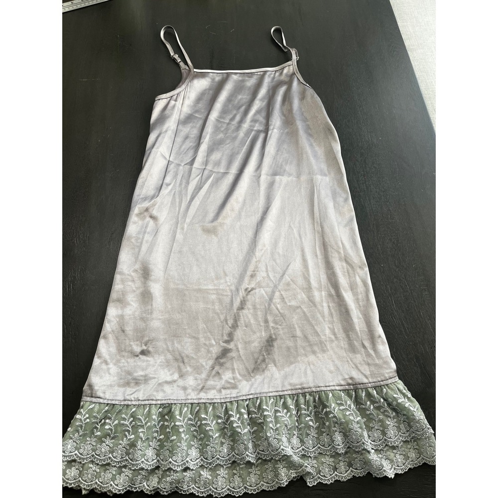 Vintage Silk Blend Lace Trim Slip Dress Grey Sage‎ Green Straps Mini Chemise S/M